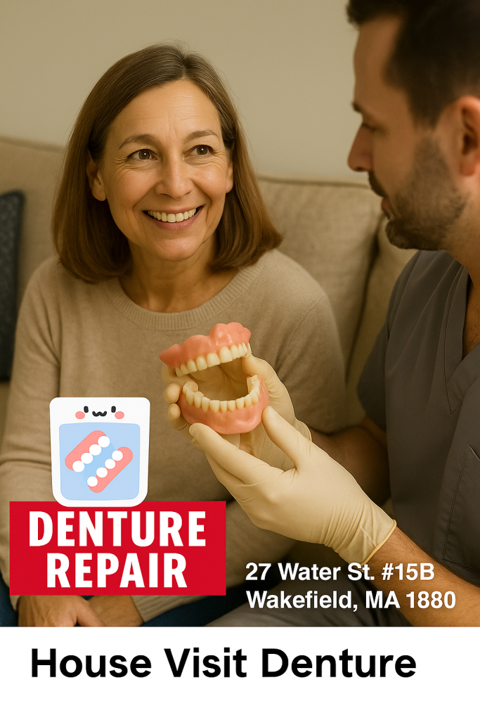 A friendly denture technician visiting an elderly woman at her home to repair dentures, showing professional tools and a warm, caring environment, with the Denture Repair Services logo and address displayed.