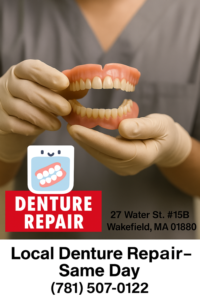 A dental professional holding a set of dentures, representing local same-day denture repair services in Wakefield, MA. Includes Denture Repair Services logo, clinic address, and phone number.