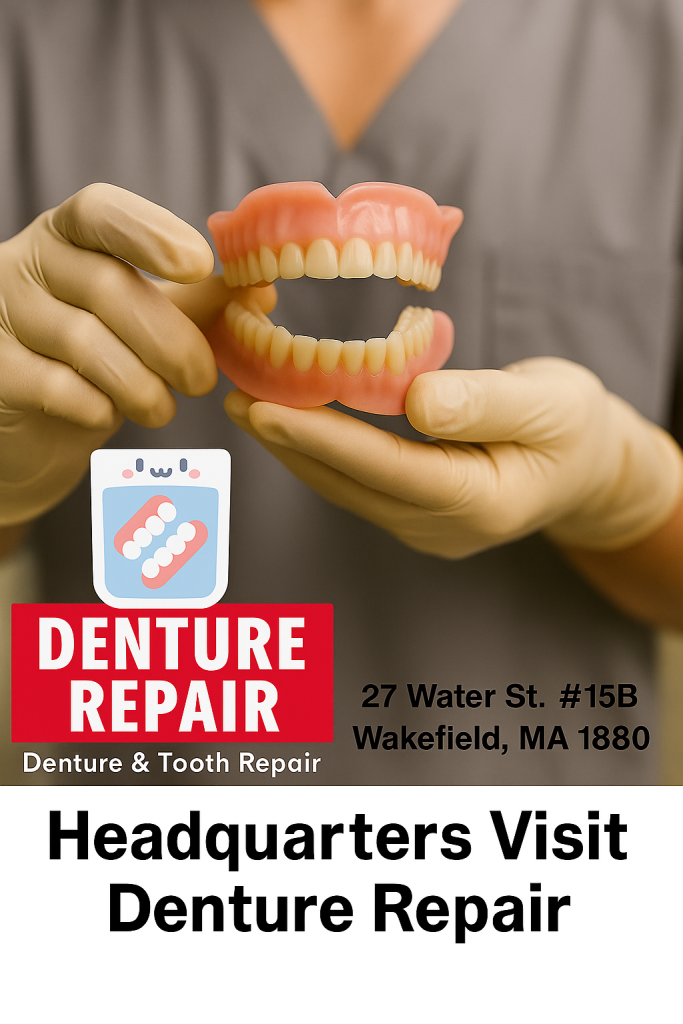 A denture technician carefully repairs a denture at Denture Repair Services headquarters in Wakefield, MA, with modern lab tools and the company logo displayed.